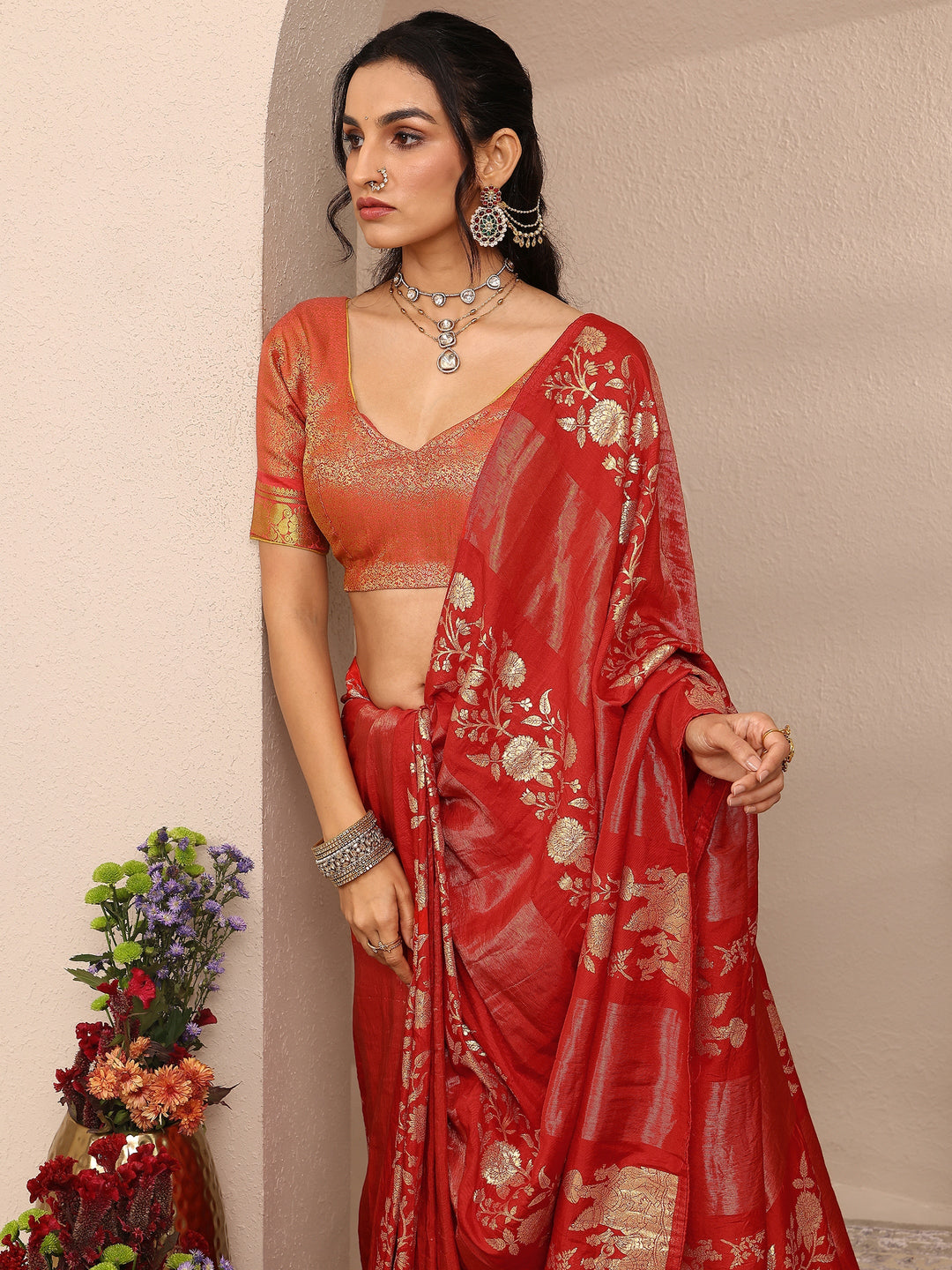  Red Woven Design Banarsi Silk Blend Saree With Unstitched Blouse Piece 