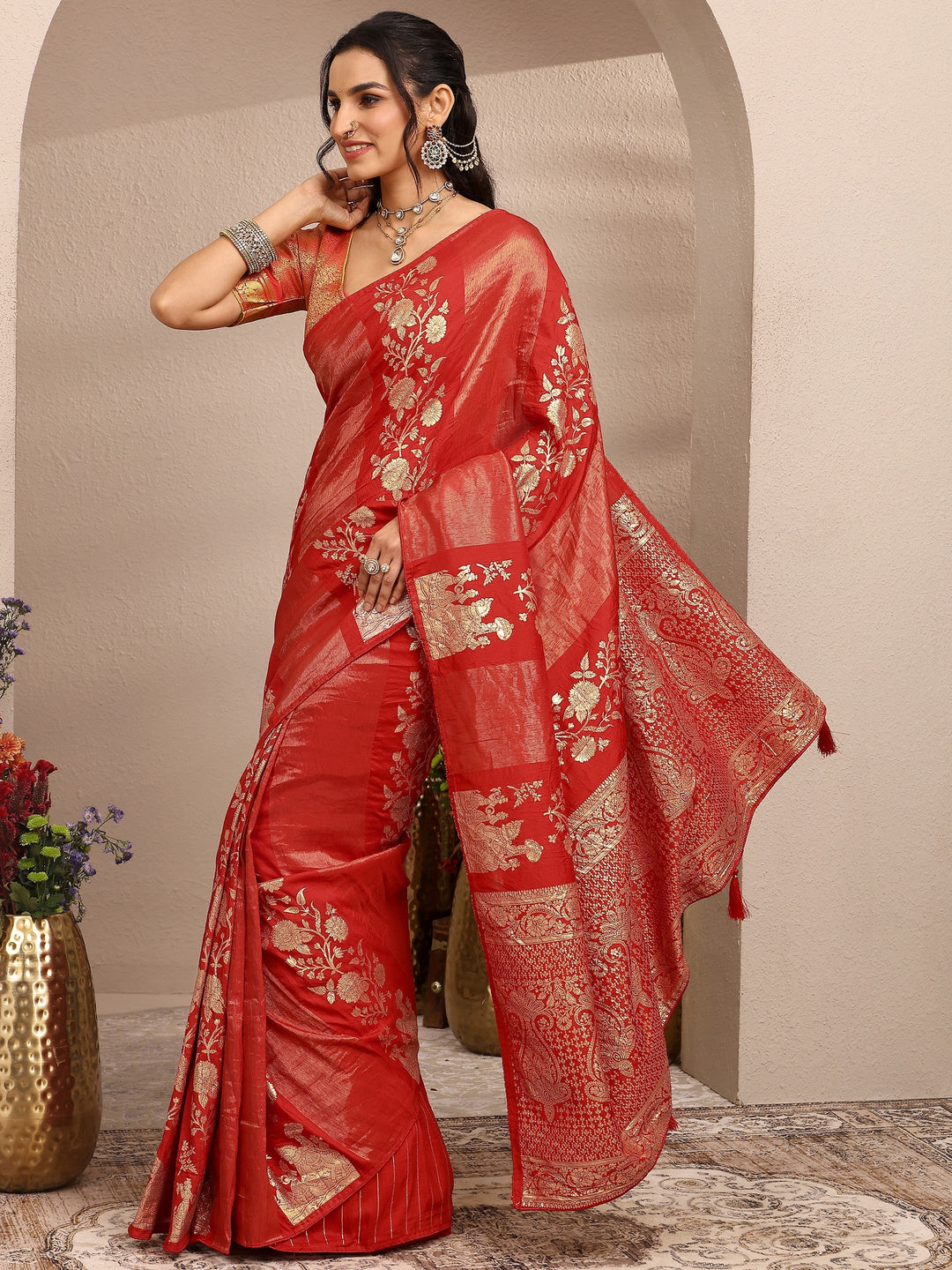  Red Woven Design Banarsi Silk Blend Saree With Unstitched Blouse Piece 
