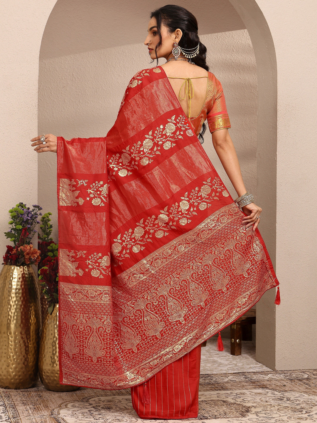  Red Woven Design Banarsi Silk Blend Saree With Unstitched Blouse Piece 
