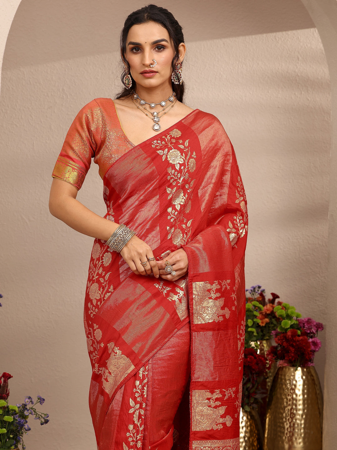  Red Woven Design Banarsi Silk Blend Saree With Unstitched Blouse Piece 