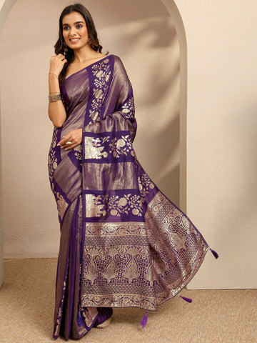 Purple Woven Design Banarsi Silk Blend Saree With Unstitched Blouse Piece