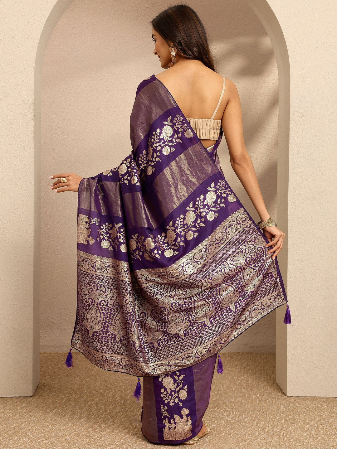  Purple Woven Design Banarsi Silk Blend Saree With Unstitched Blouse Piece 