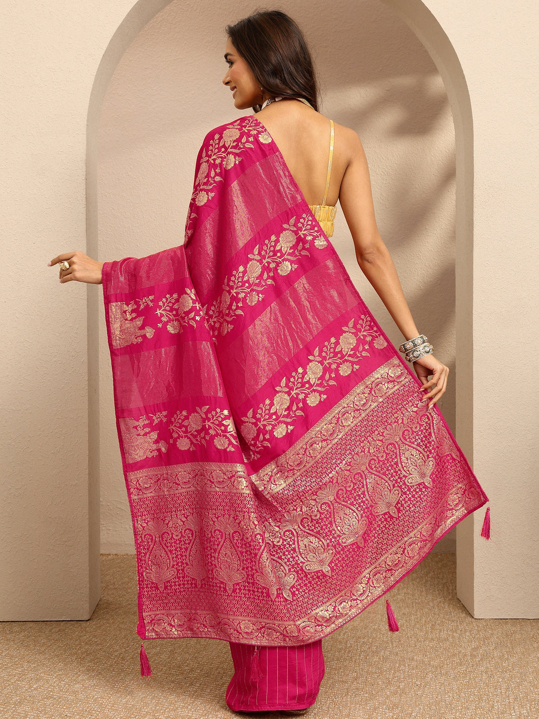  Pink Woven Design Banarsi Silk Blend Saree With Unstitched Blouse Piece 