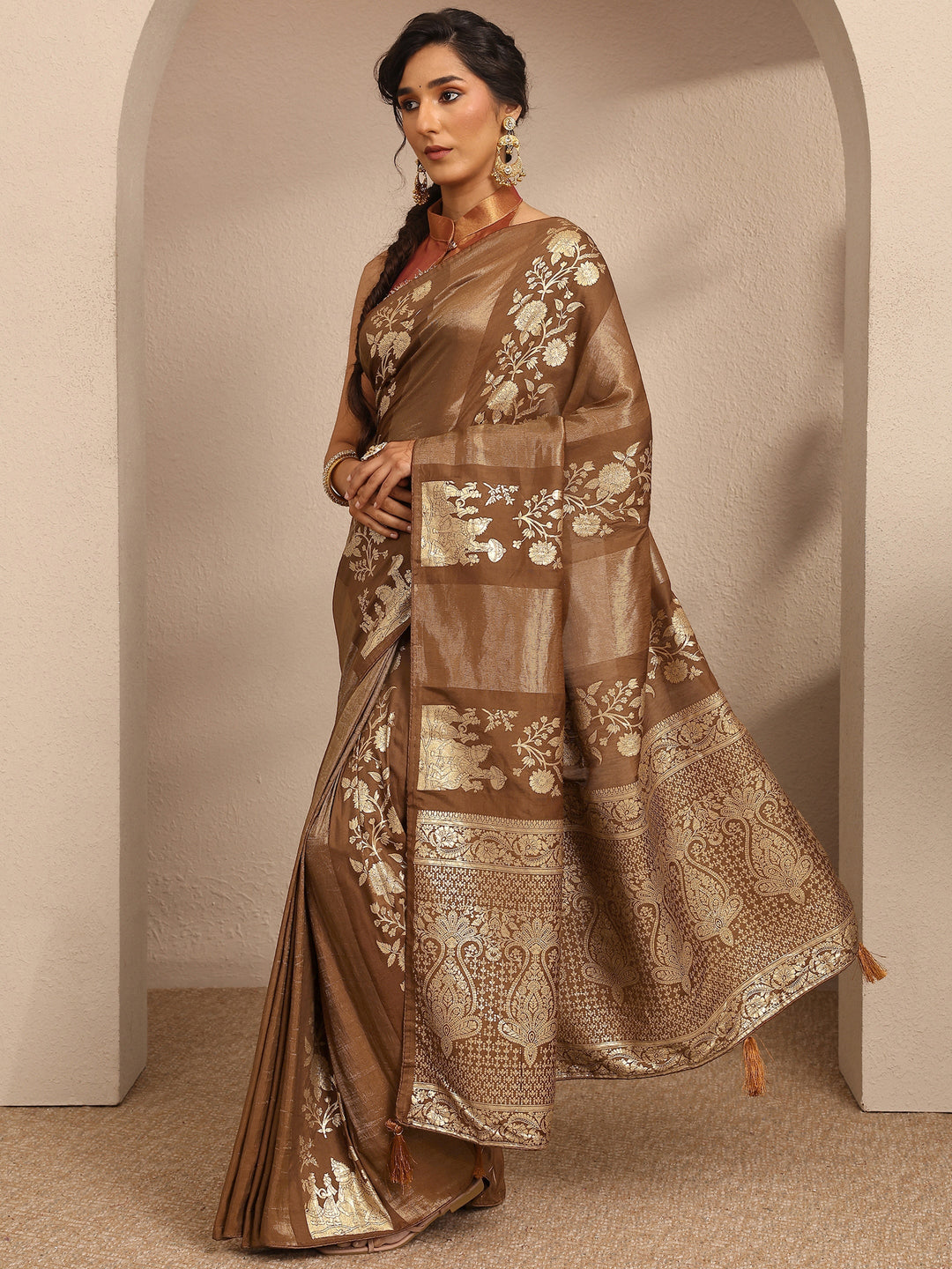  Brown Woven Design Banarsi Silk Blend Saree With Unstitched Blouse Piece 