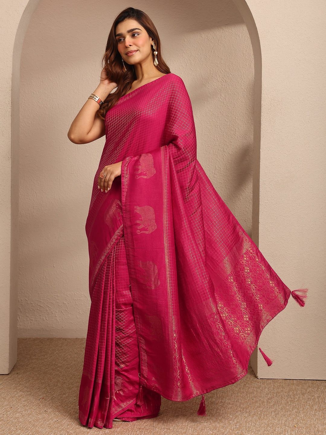  Pink Checkered Woven Design Silk Blend Saree With Unstitched Blouse Piece 