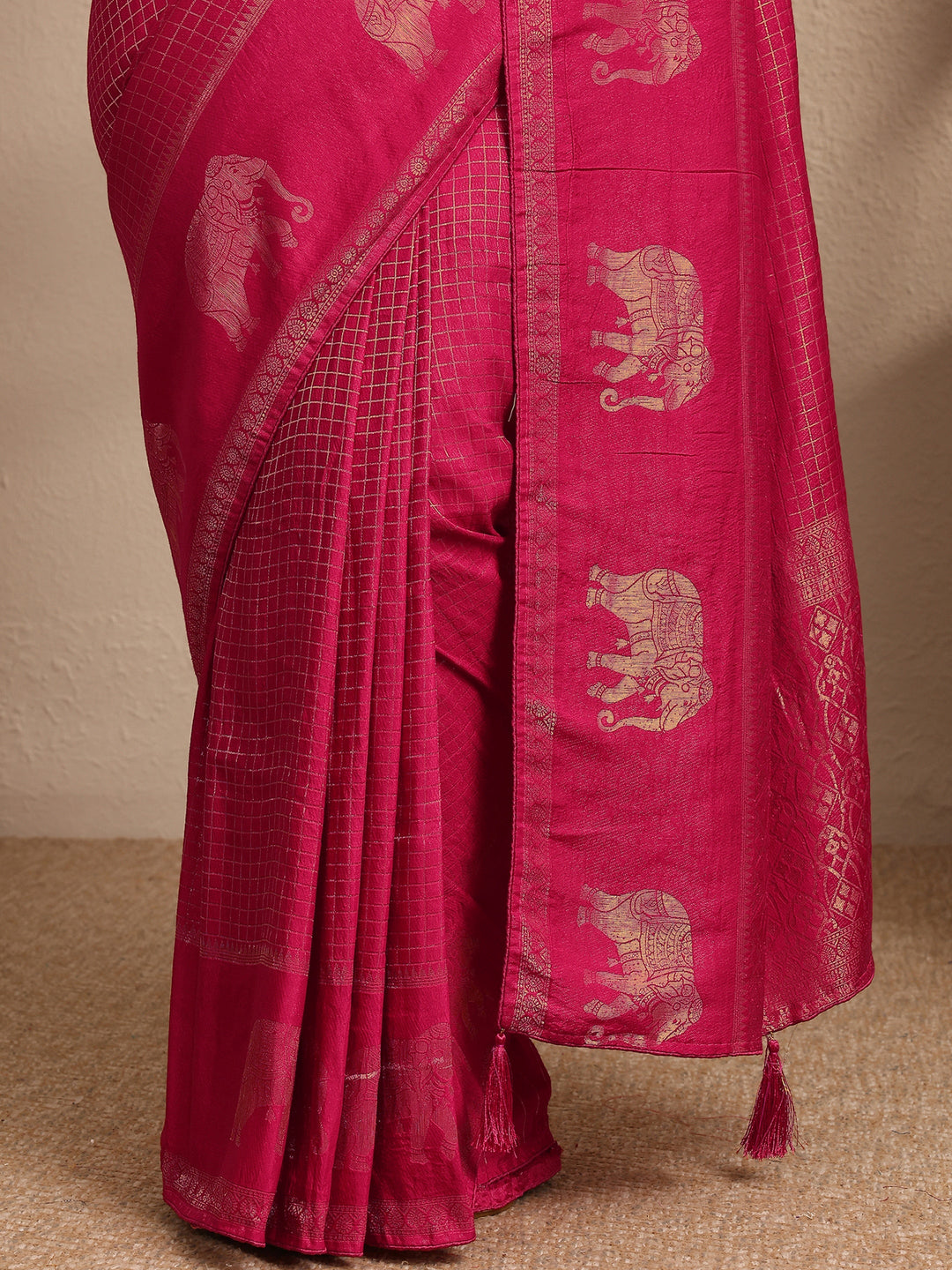  Pink Checkered Woven Design Silk Blend Saree With Unstitched Blouse Piece 