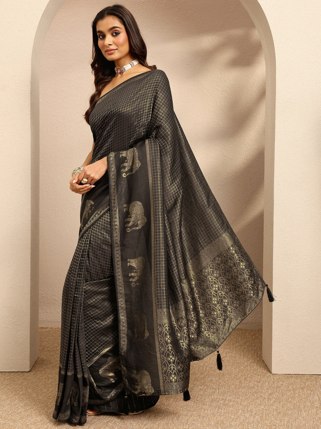  Black Checkered Woven Design Silk Blend Saree With Unstitched Blouse Piece 