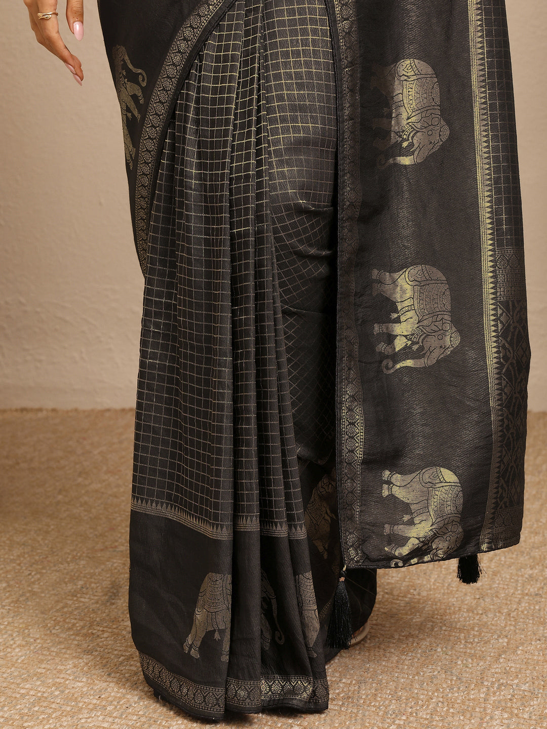  Black Checkered Woven Design Silk Blend Saree With Unstitched Blouse Piece 