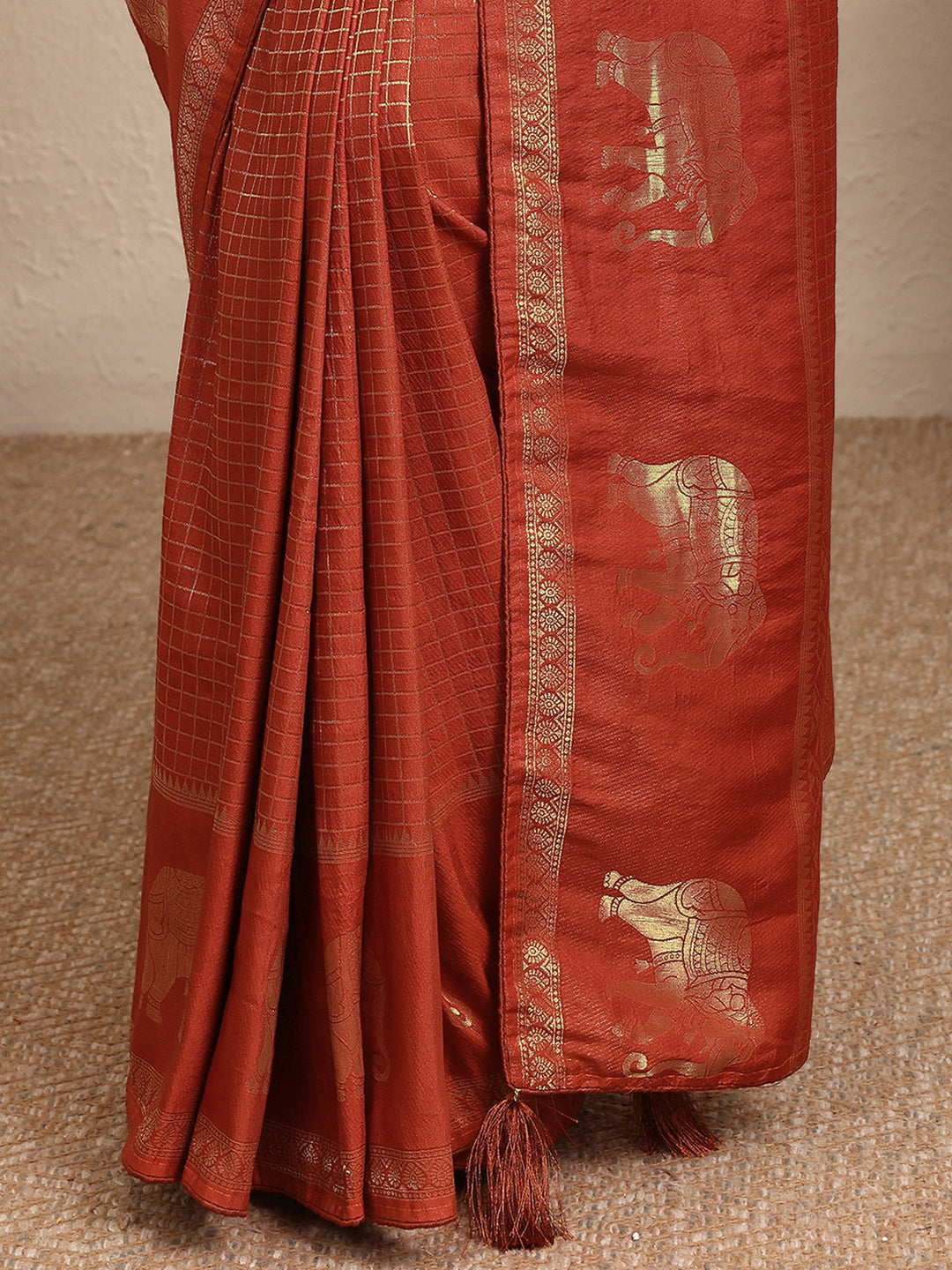  Rust Checkered Woven Design Silk Blend Saree With Unstitched Blouse Piece 
