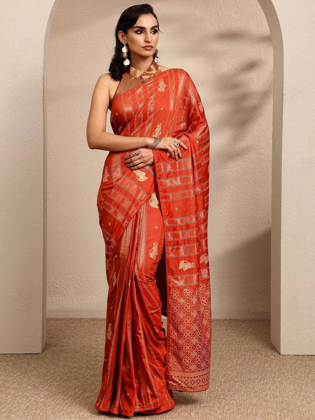  Orange Striped Woven Design Silk Blend Saree With Unstitched Blouse Piece 