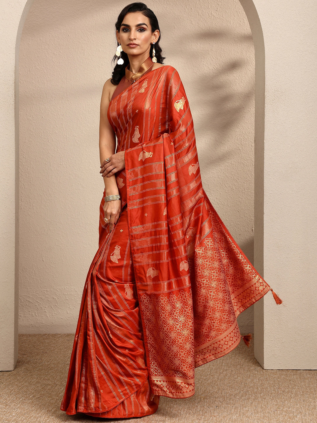  Orange Striped Woven Design Silk Blend Saree With Unstitched Blouse Piece 