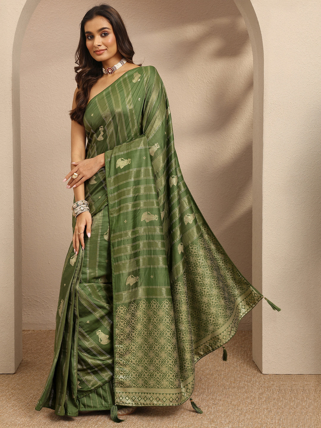  Green Striped Woven Design Silk Blend Saree With Unstitched Blouse Piece 