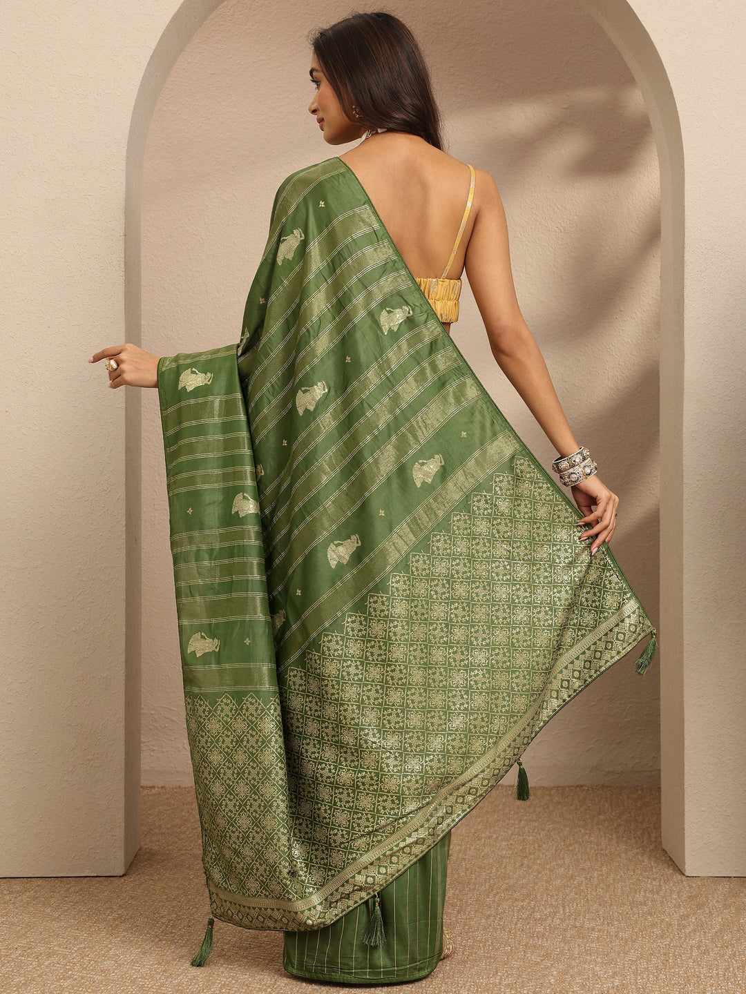  Green Striped Woven Design Silk Blend Saree With Unstitched Blouse Piece 
