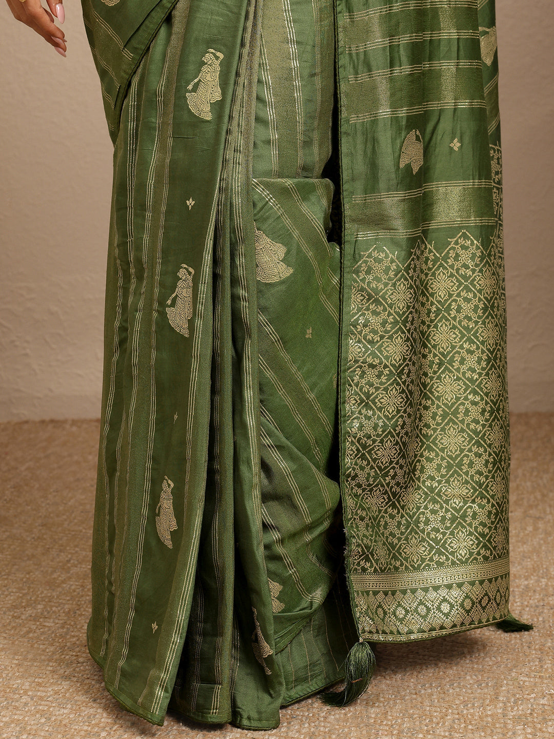  Green Striped Woven Design Silk Blend Saree With Unstitched Blouse Piece 