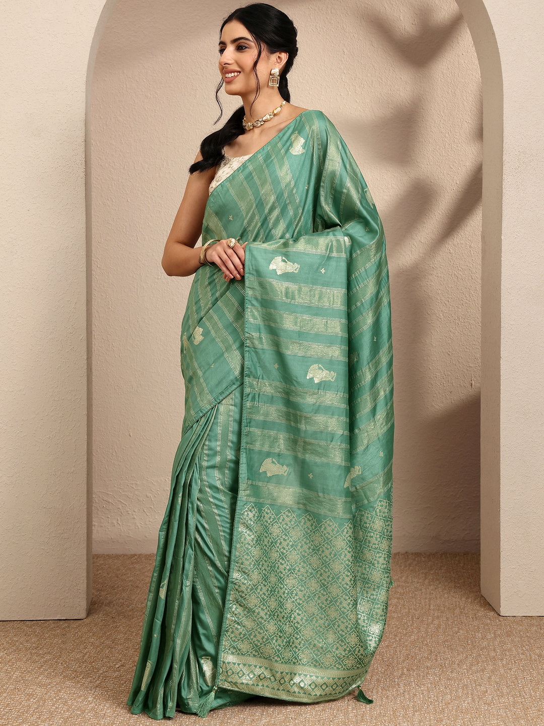  Green Striped Woven Design Silk Blend Saree With Unstitched Blouse Piece 
