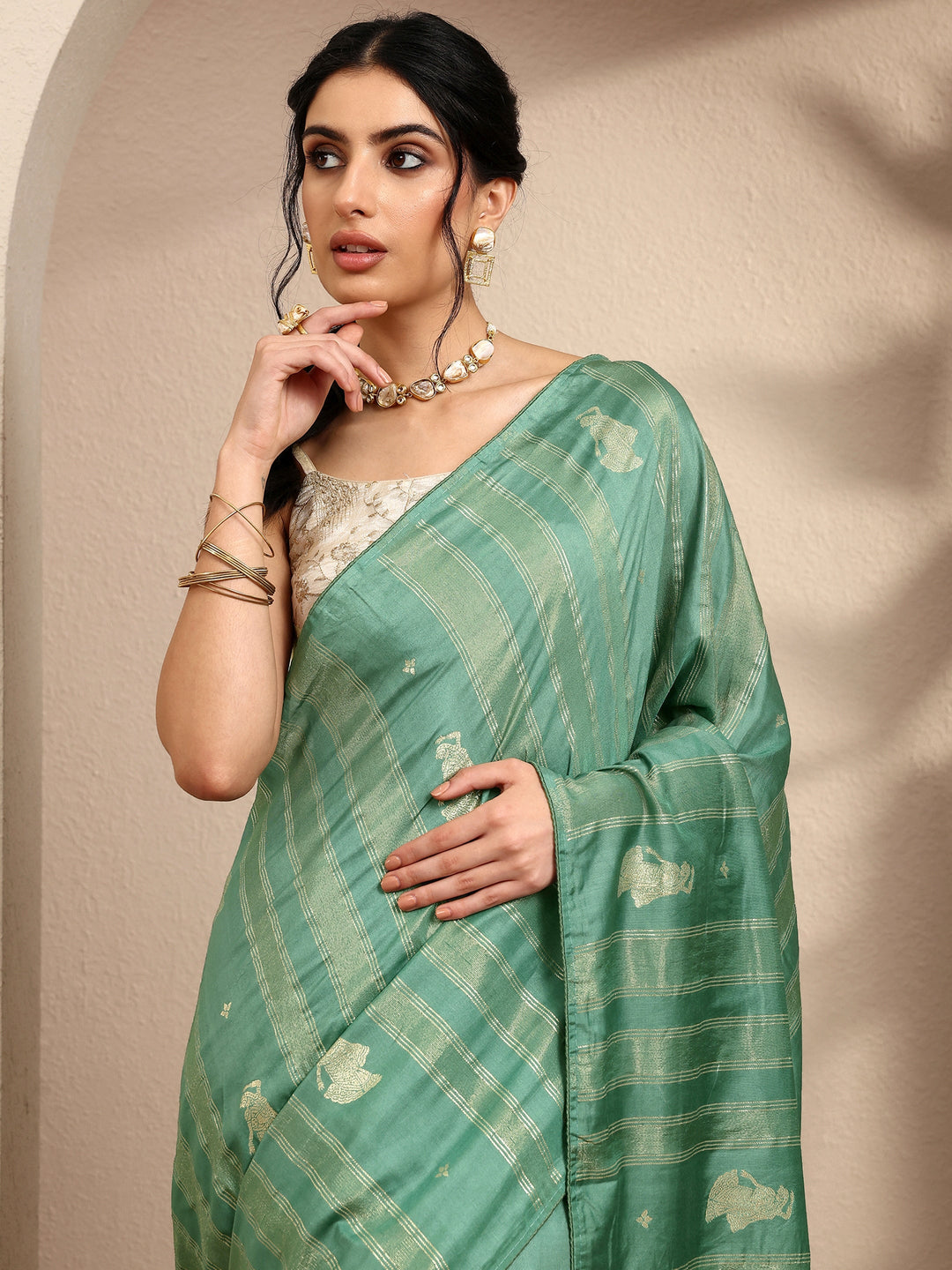  Green Striped Woven Design Silk Blend Saree With Unstitched Blouse Piece 
