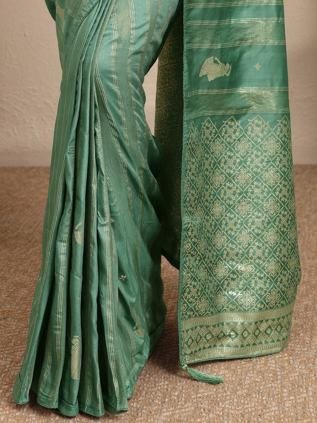  Green Striped Woven Design Silk Blend Saree With Unstitched Blouse Piece 