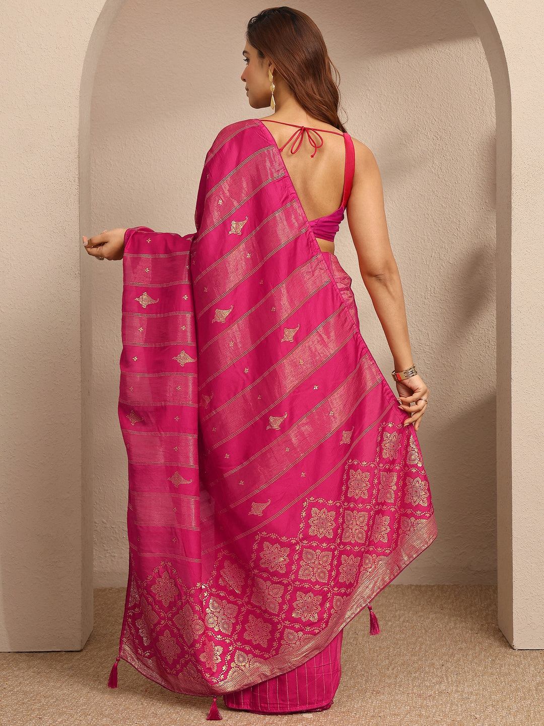  Pink Woven Design Banarsi Silk Blend Saree With Unstitched Blouse Piece 