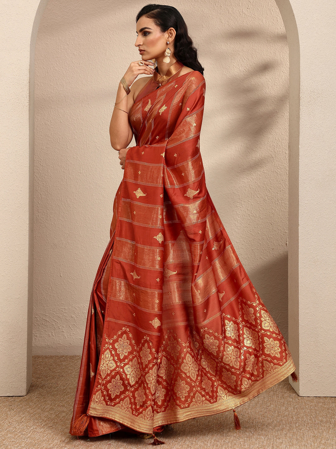  Rust Woven Design Banarsi Silk Blend Saree With Unstitched Blouse Piece 