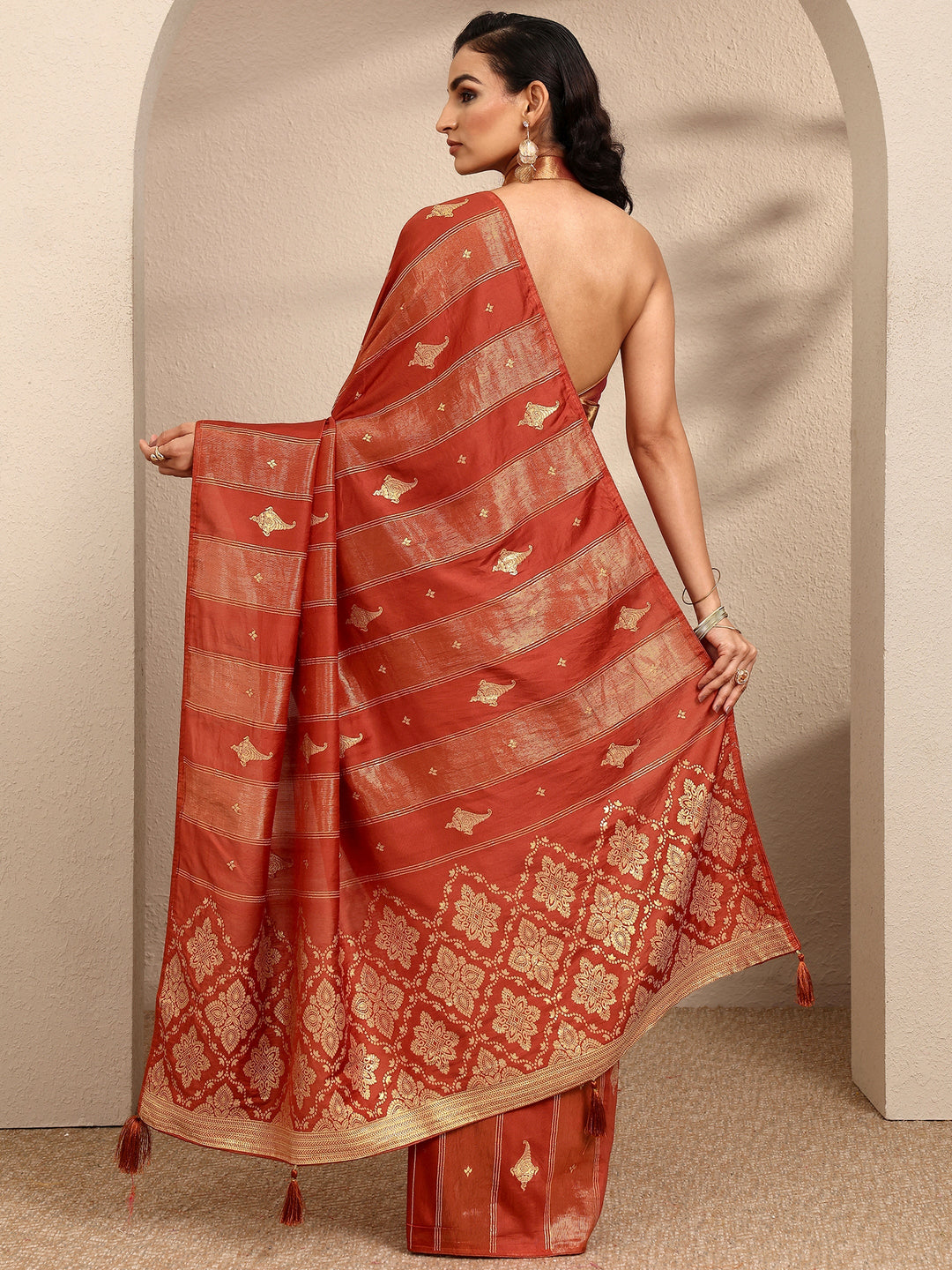  Rust Woven Design Banarsi Silk Blend Saree With Unstitched Blouse Piece 