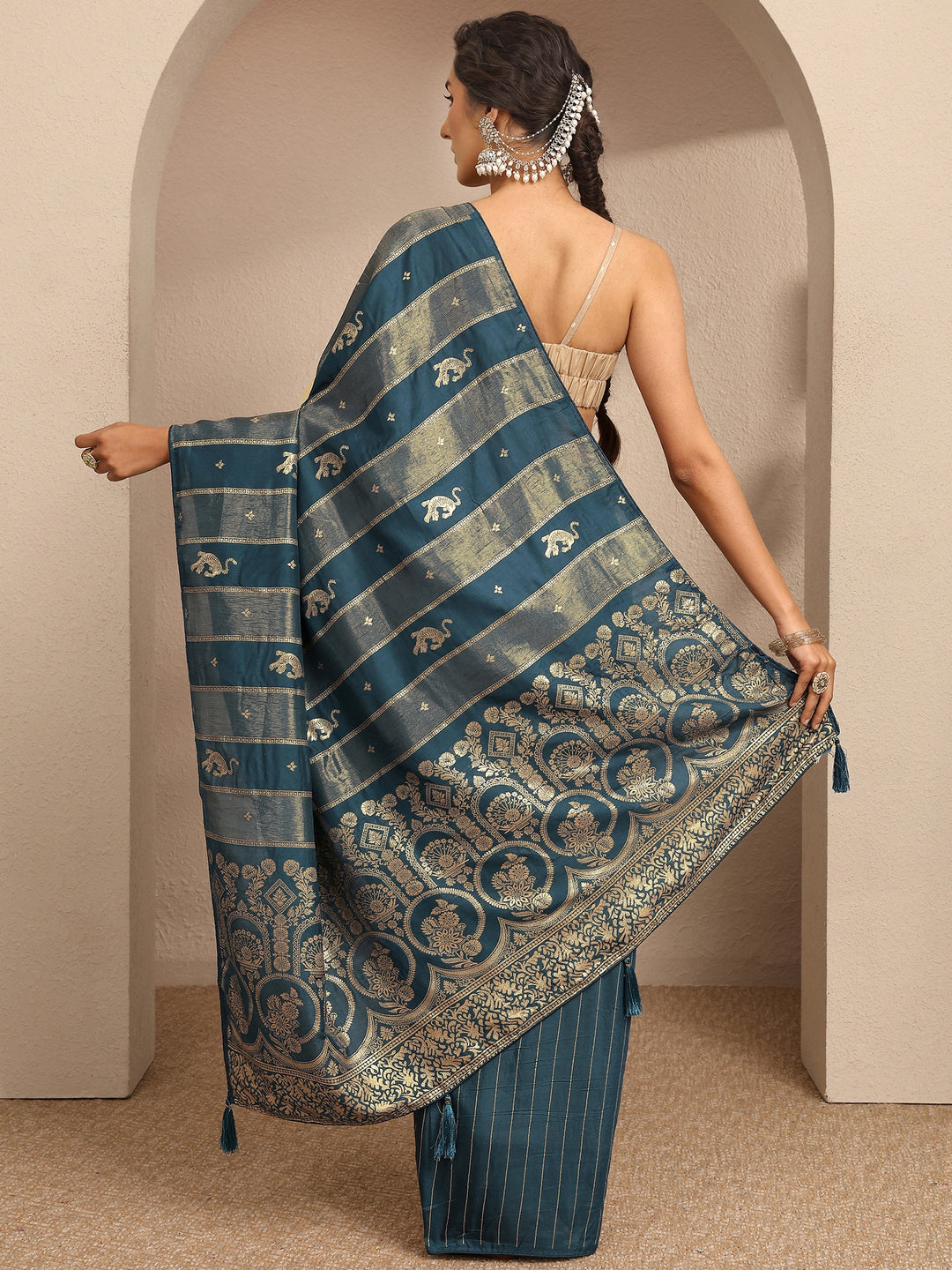  Blue Woven Design Banarsi Silk Blend Saree With Unstitched Blouse Piece 
