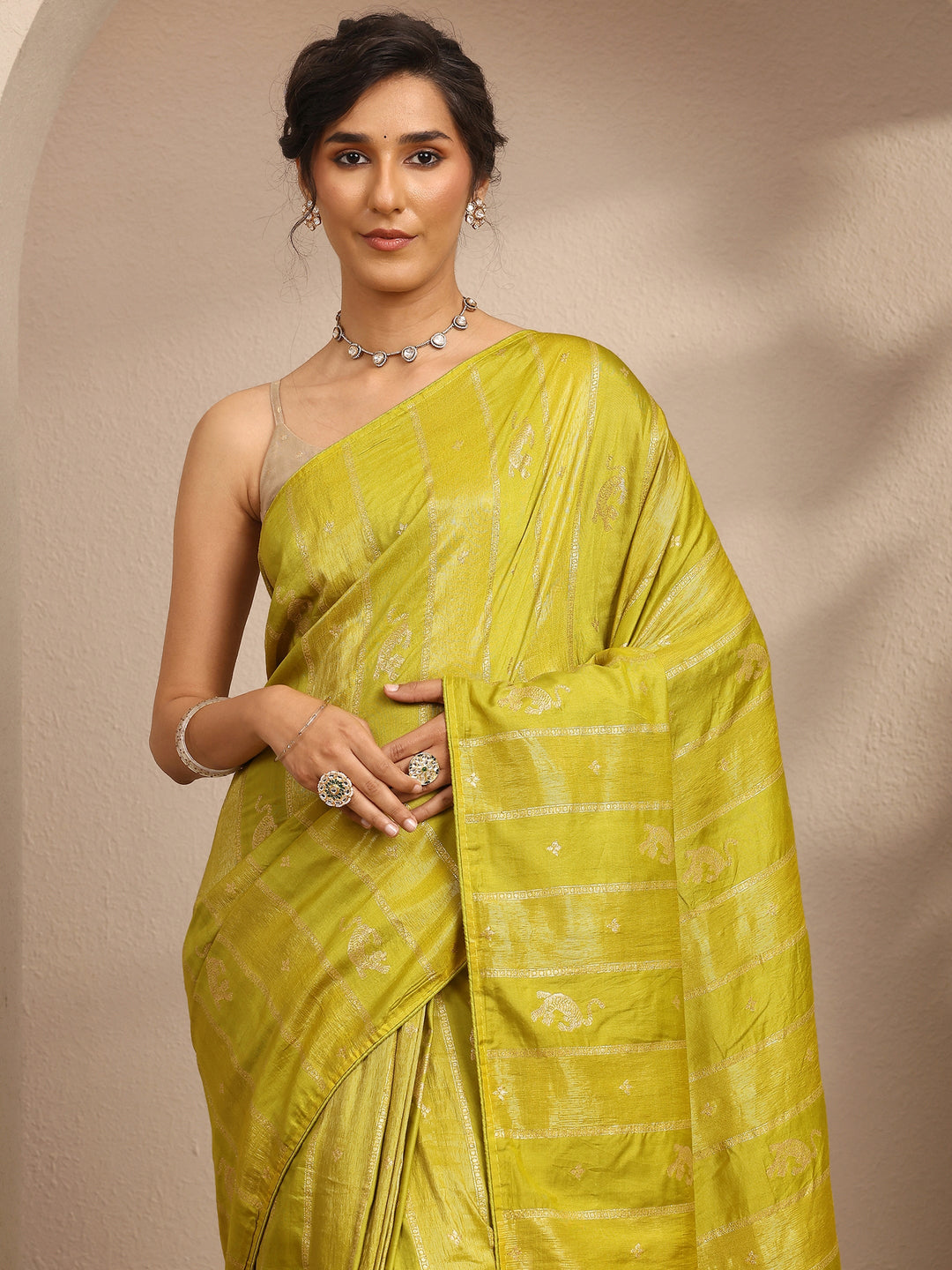  Lime Green Woven Design Banarsi Silk Blend Saree With Unstitched Blouse Piece 