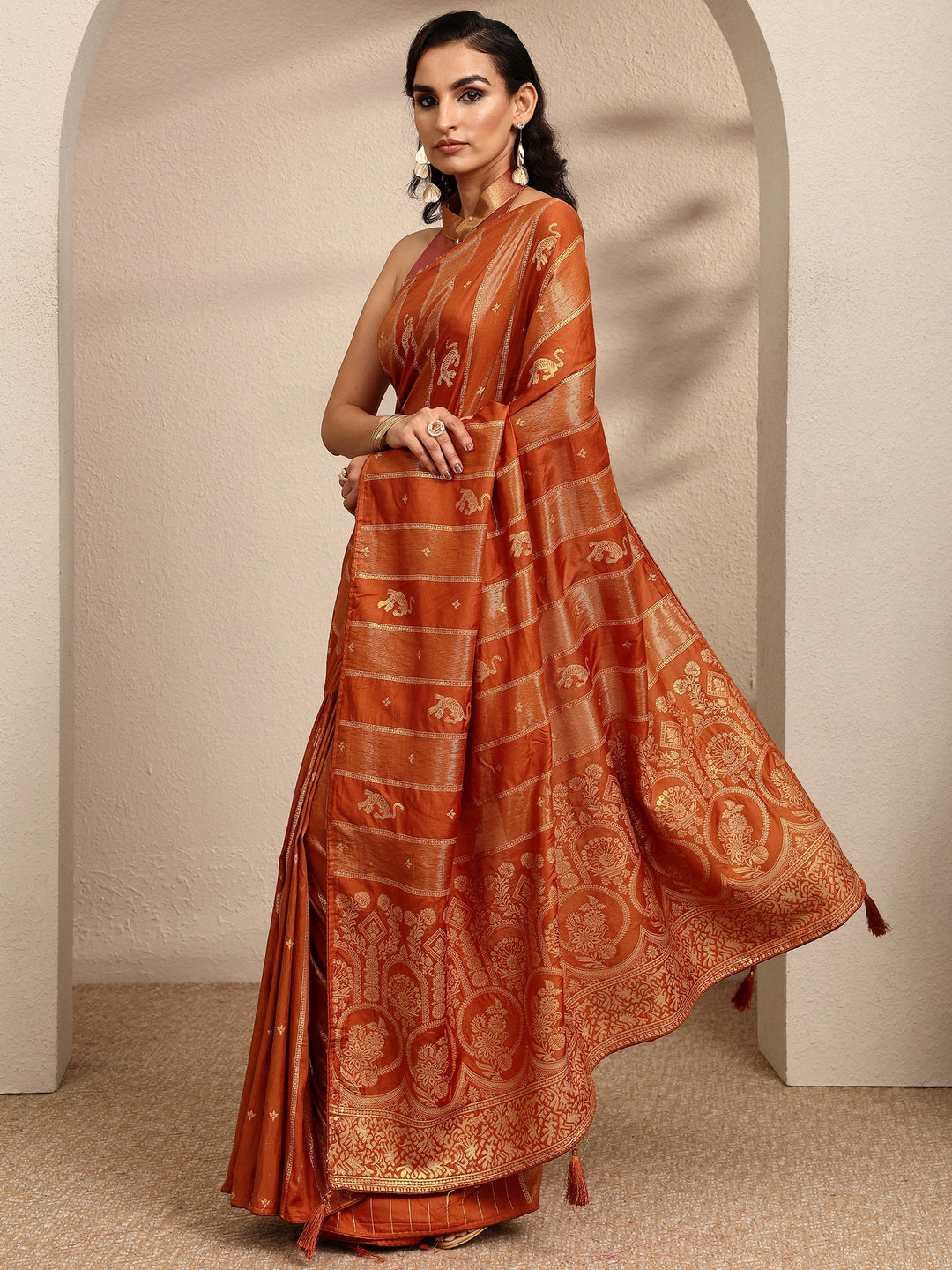  Rust Woven Design Banarsi Silk Blend Saree With Unstitched Blouse Piece 