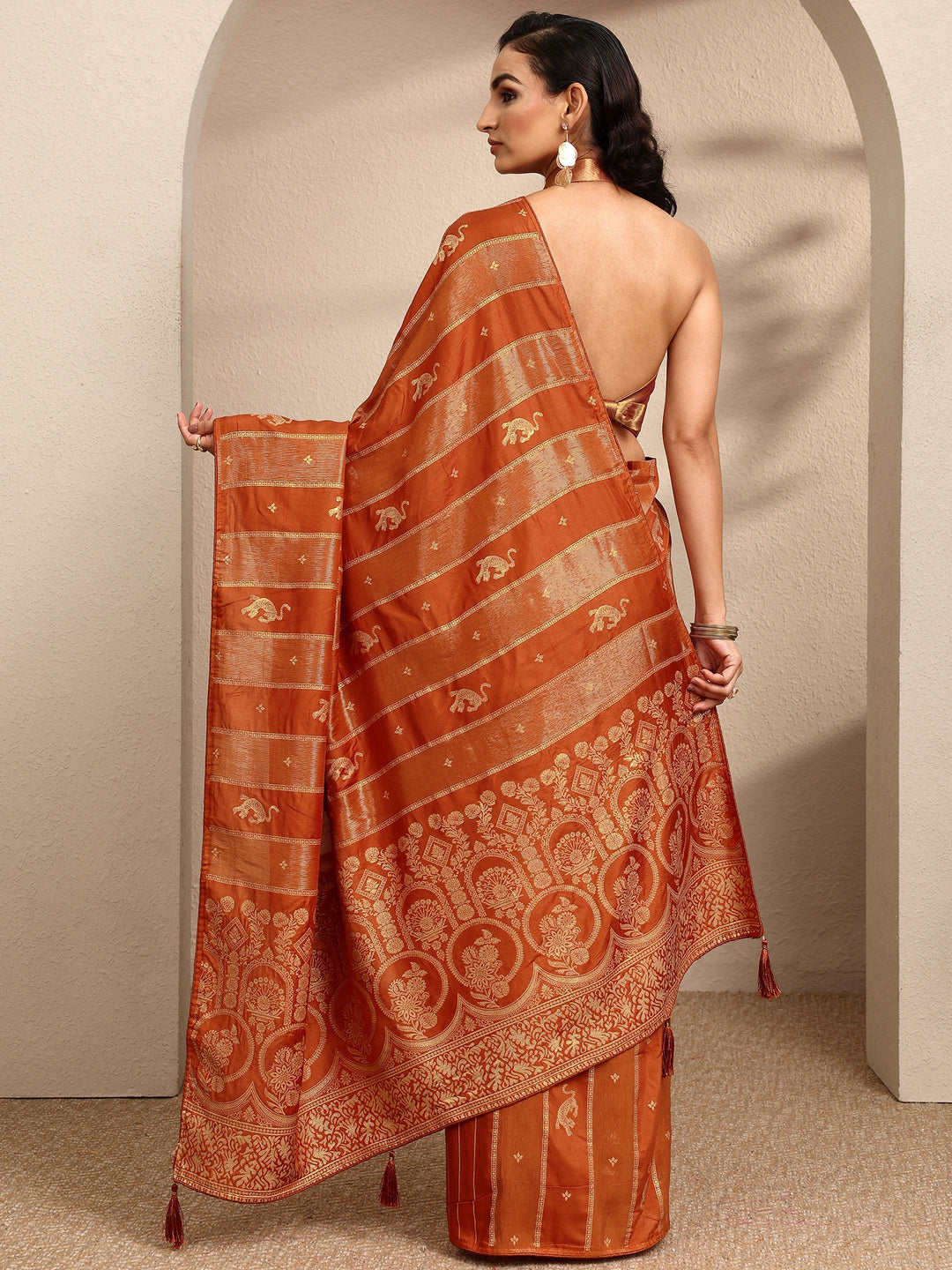  Rust Woven Design Banarsi Silk Blend Saree With Unstitched Blouse Piece 