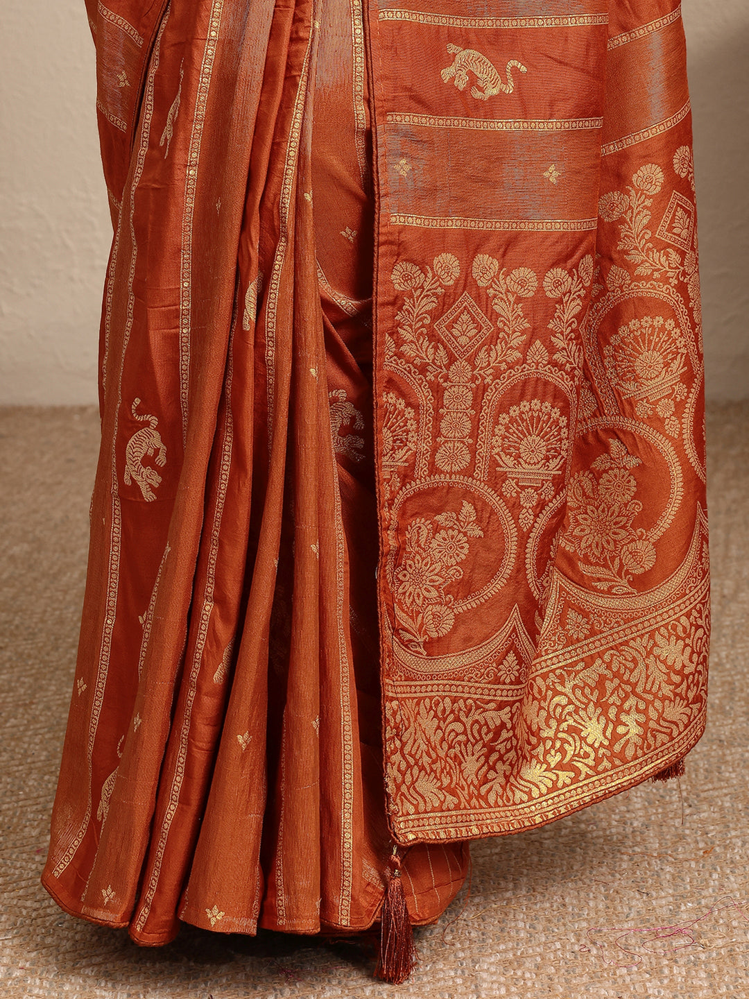  Rust Woven Design Banarsi Silk Blend Saree With Unstitched Blouse Piece 