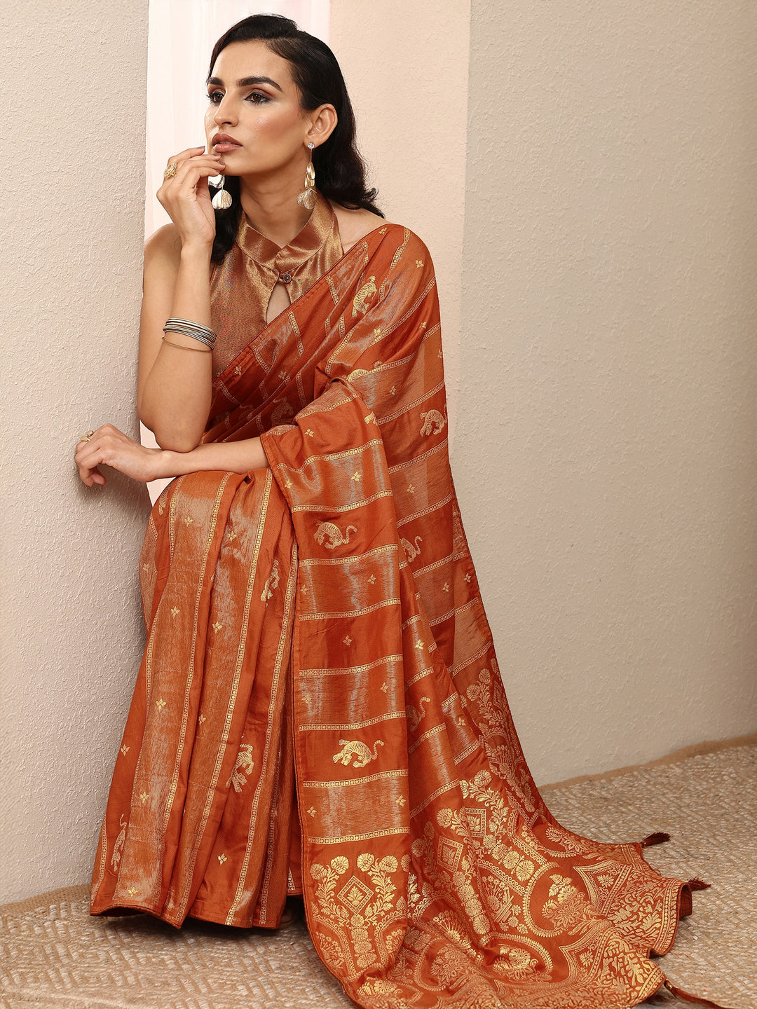  Rust Woven Design Banarsi Silk Blend Saree With Unstitched Blouse Piece 