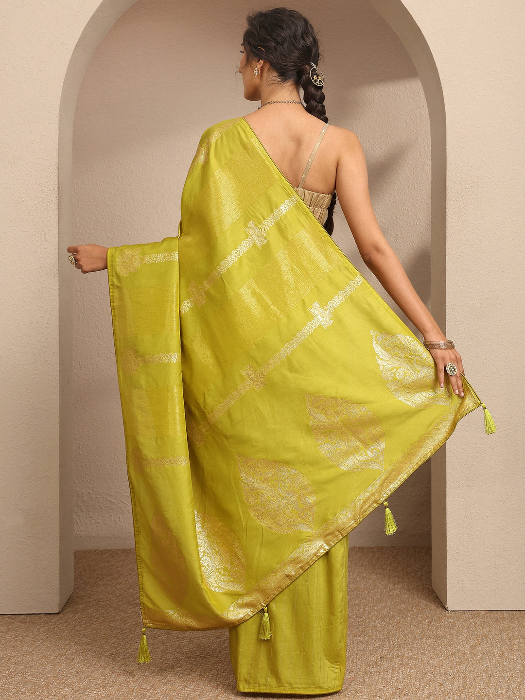  Lime Green Woven Design Banarsi Silk Blend Saree With Unstitched Blouse Piece 