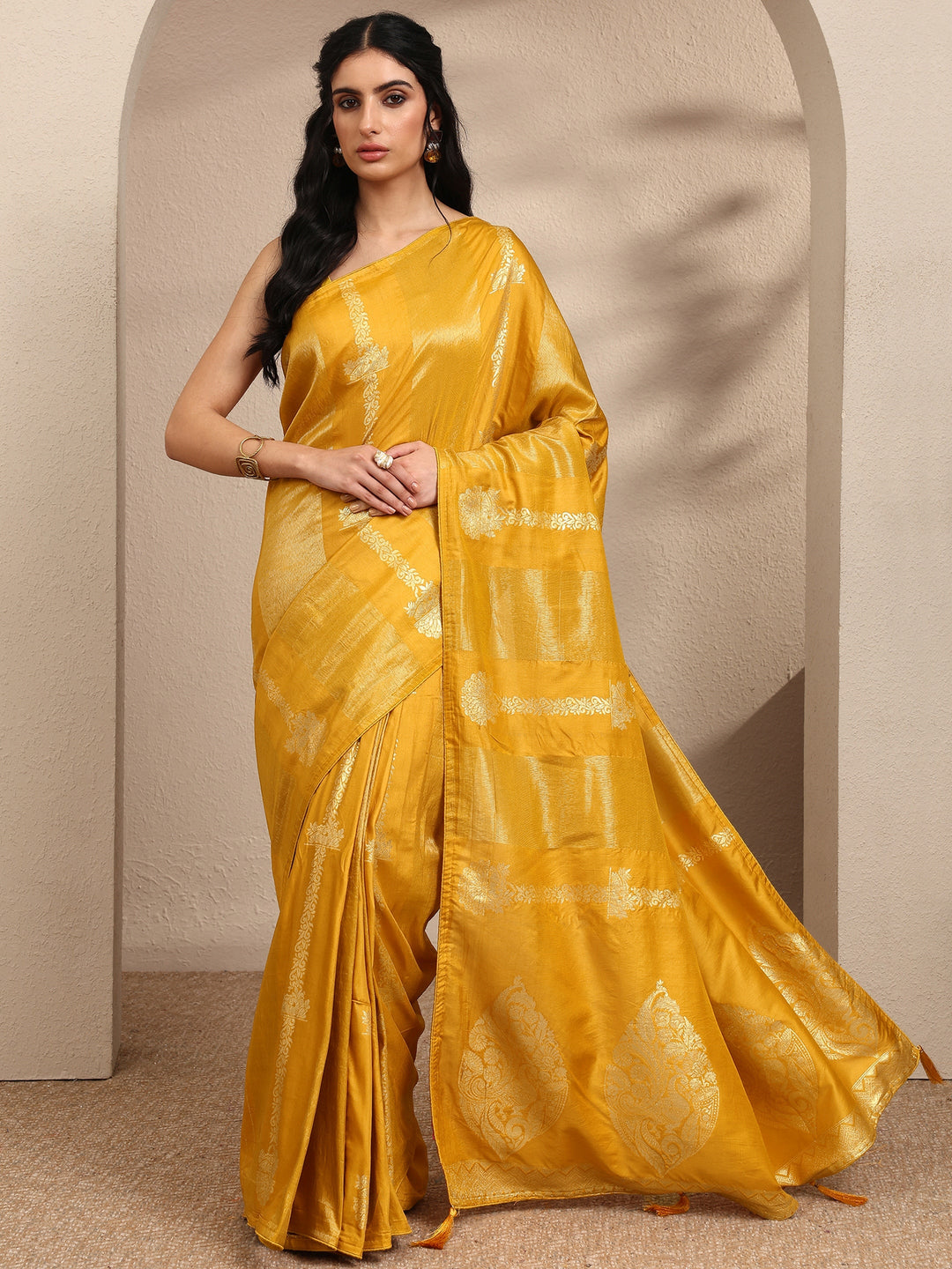  Mustard Woven Design Banarsi Silk Blend Saree With Unstitched Blouse Piece 