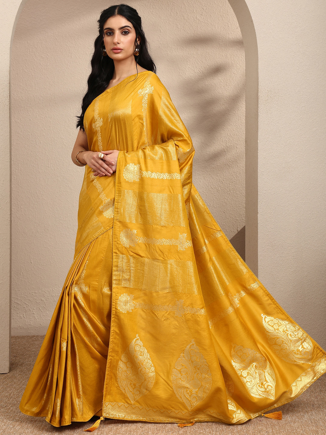  Mustard Woven Design Banarsi Silk Blend Saree With Unstitched Blouse Piece 