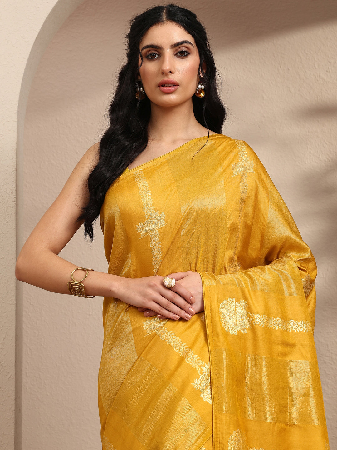  Mustard Woven Design Banarsi Silk Blend Saree With Unstitched Blouse Piece 