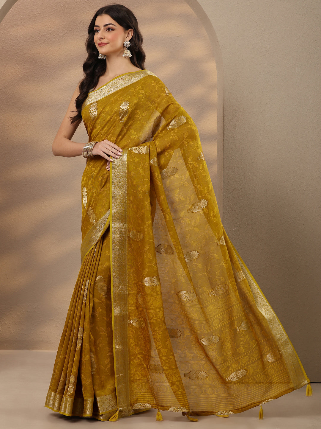  Mustard Woven Design Silk Blend Saree With Unstitched Blouse Piece 