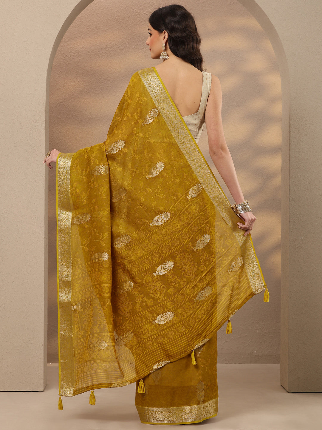  Mustard Woven Design Silk Blend Saree With Unstitched Blouse Piece 