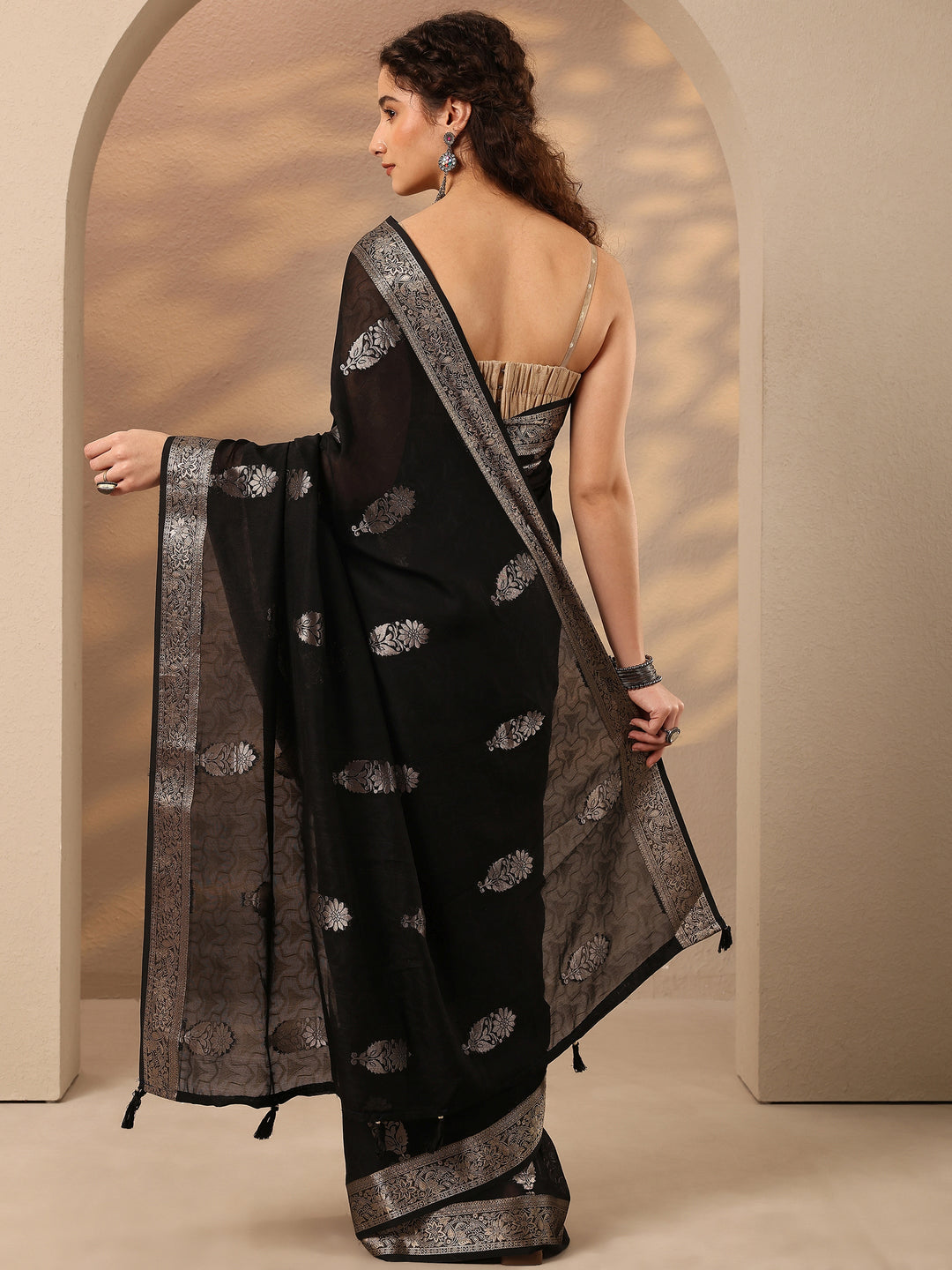  Black Woven Design Silk Blend Saree With Unstitched Blouse Piece 
