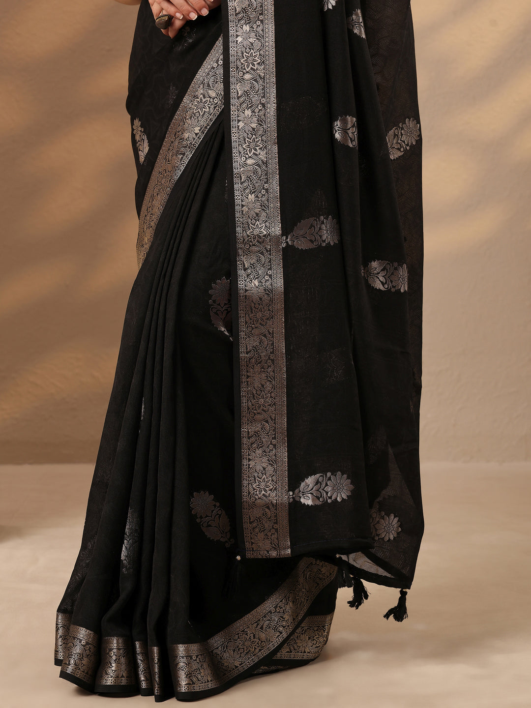  Black Woven Design Silk Blend Saree With Unstitched Blouse Piece 