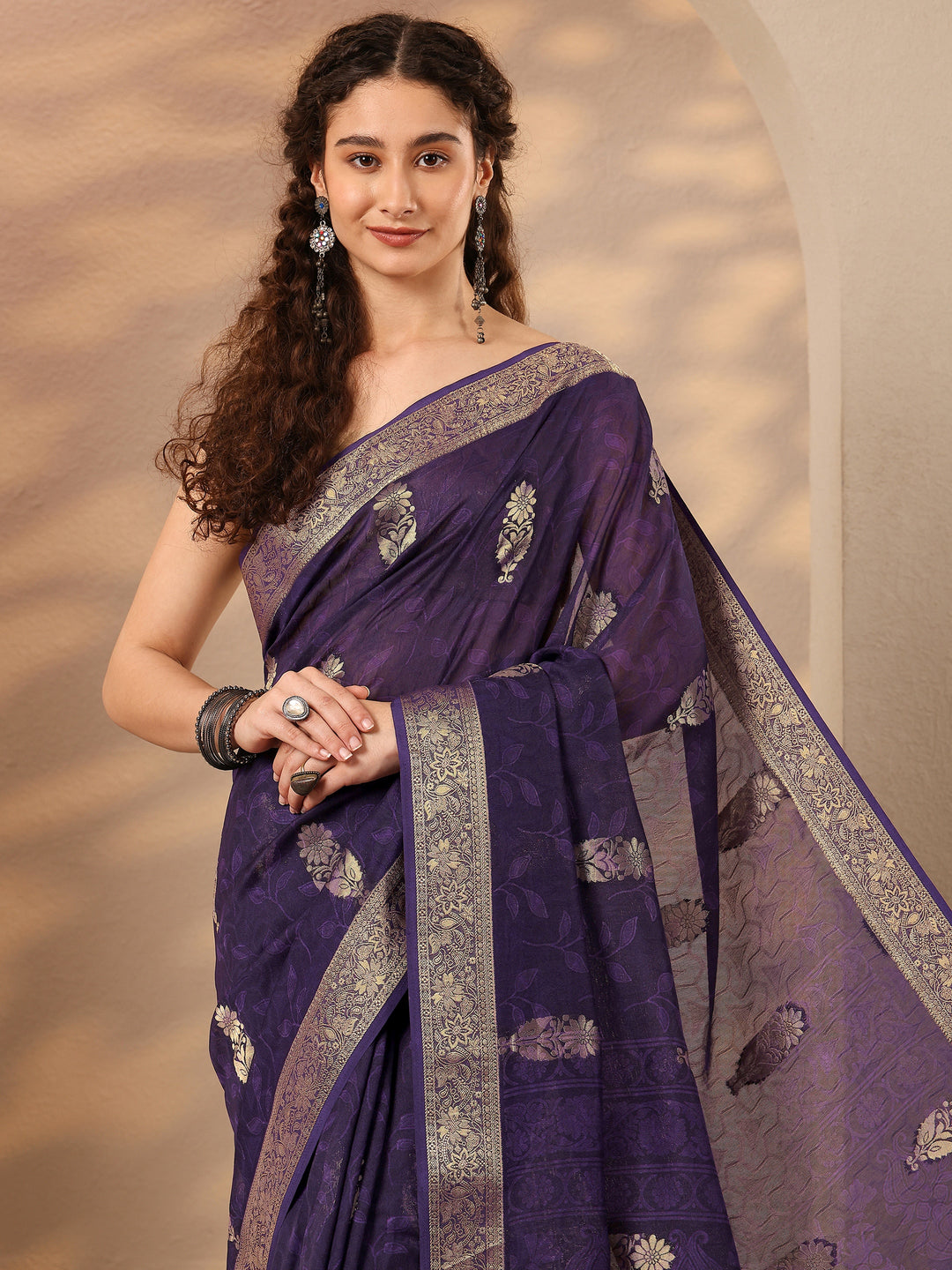 Purple Woven Design Silk Blend Saree With Unstitched Blouse Piece