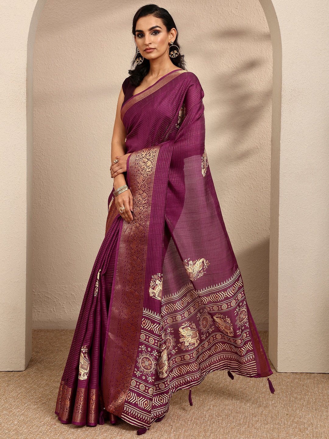  Burgundy Printed Silk Blend Saree With Unstitched Blouse Piece 