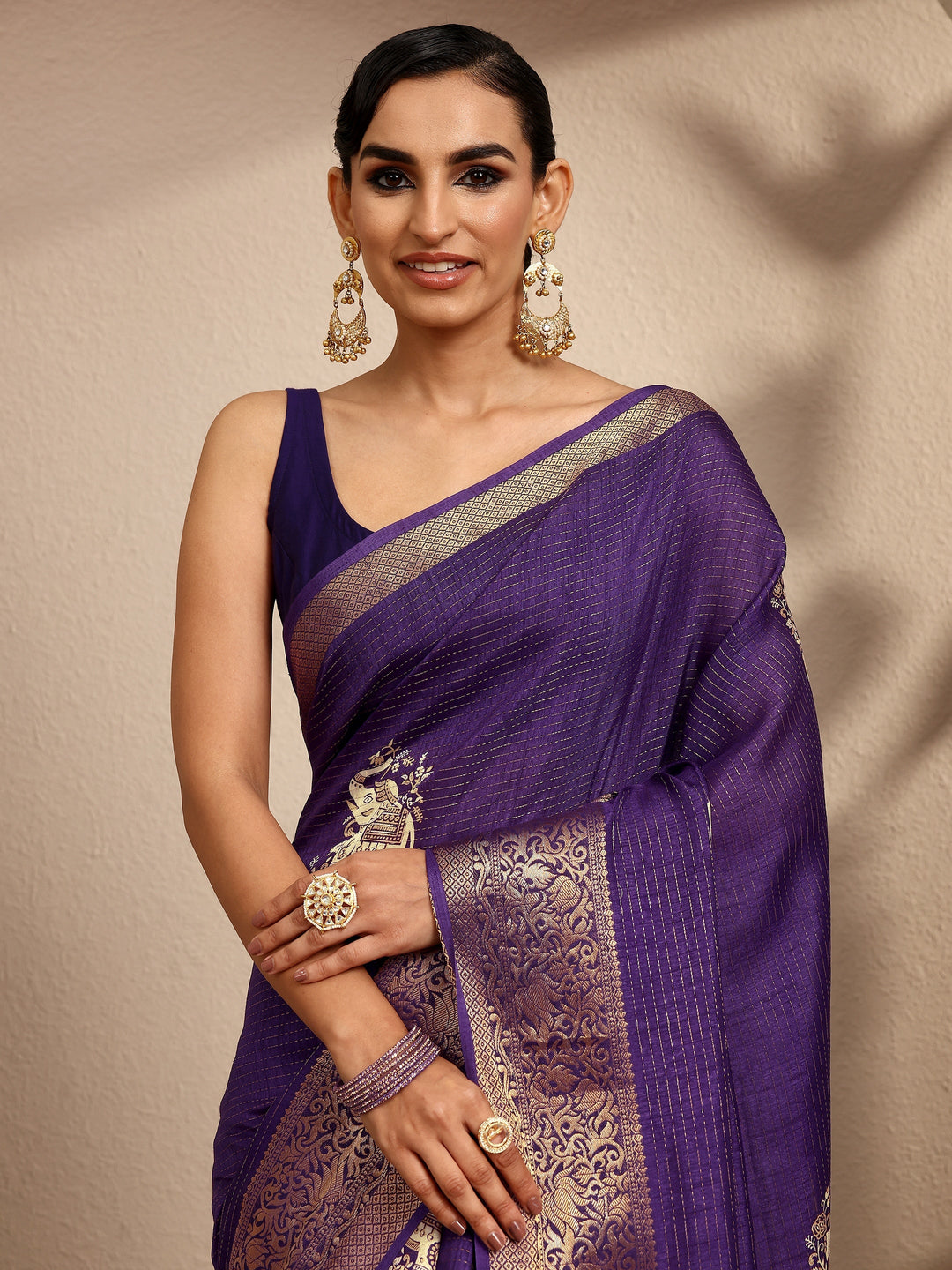  Purple Printed Silk Blend Saree With Unstitched Blouse Piece 