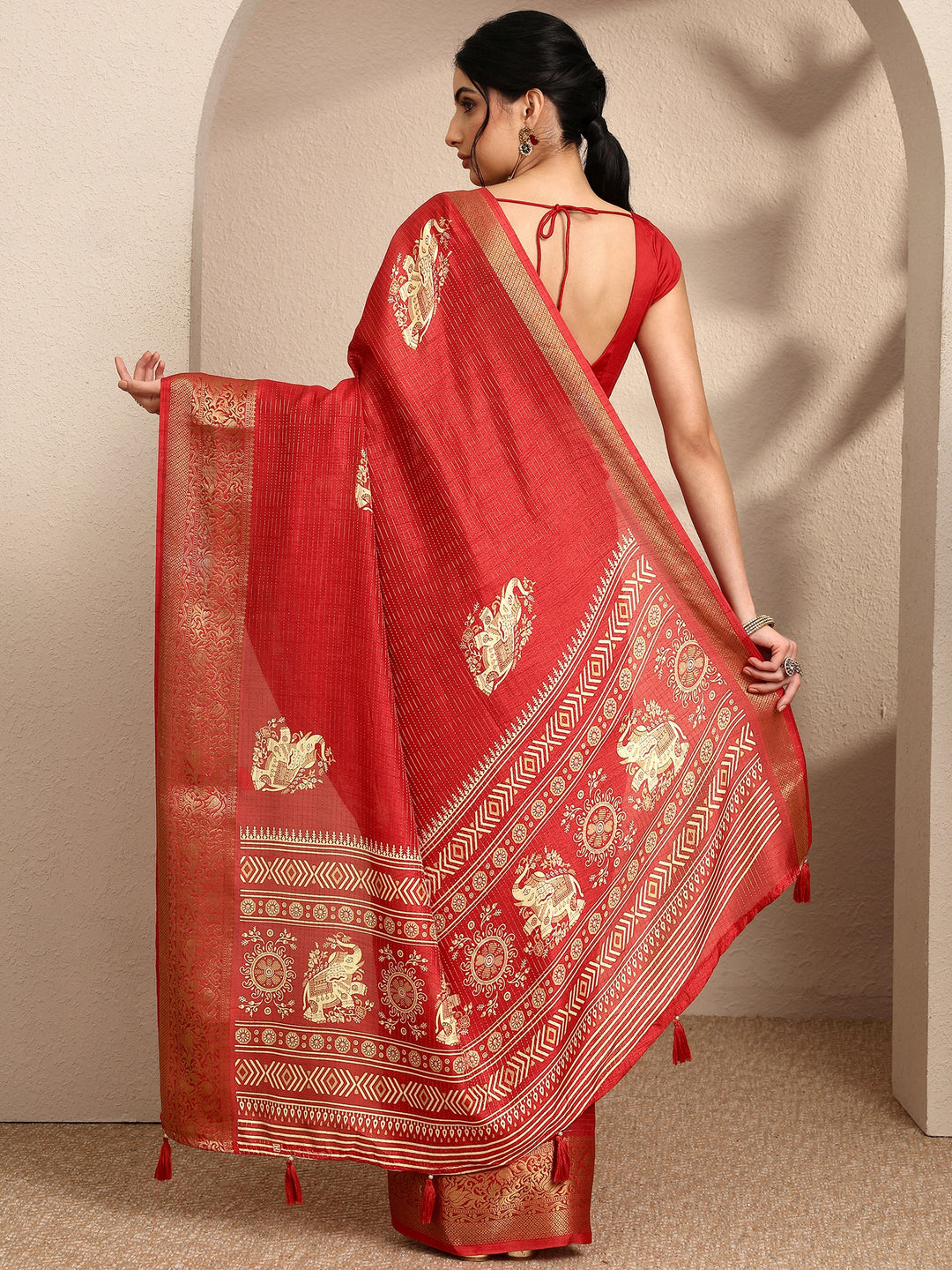  Orange Printed Silk Blend Saree With Unstitched Blouse Piece 