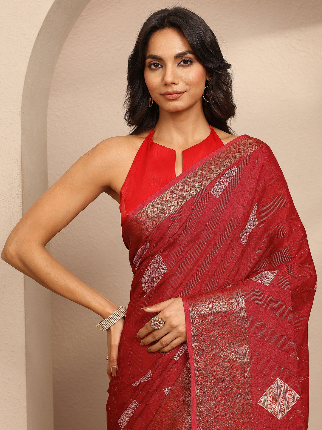  Red Paisley Woven Design Georgette Saree With Unstitched Blouse Piece 