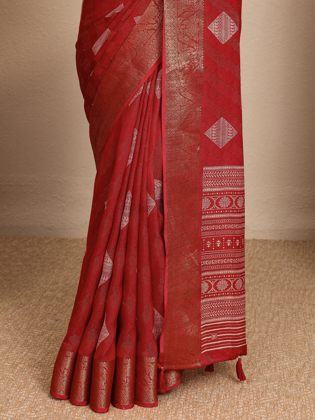  Red Paisley Woven Design Georgette Saree With Unstitched Blouse Piece 