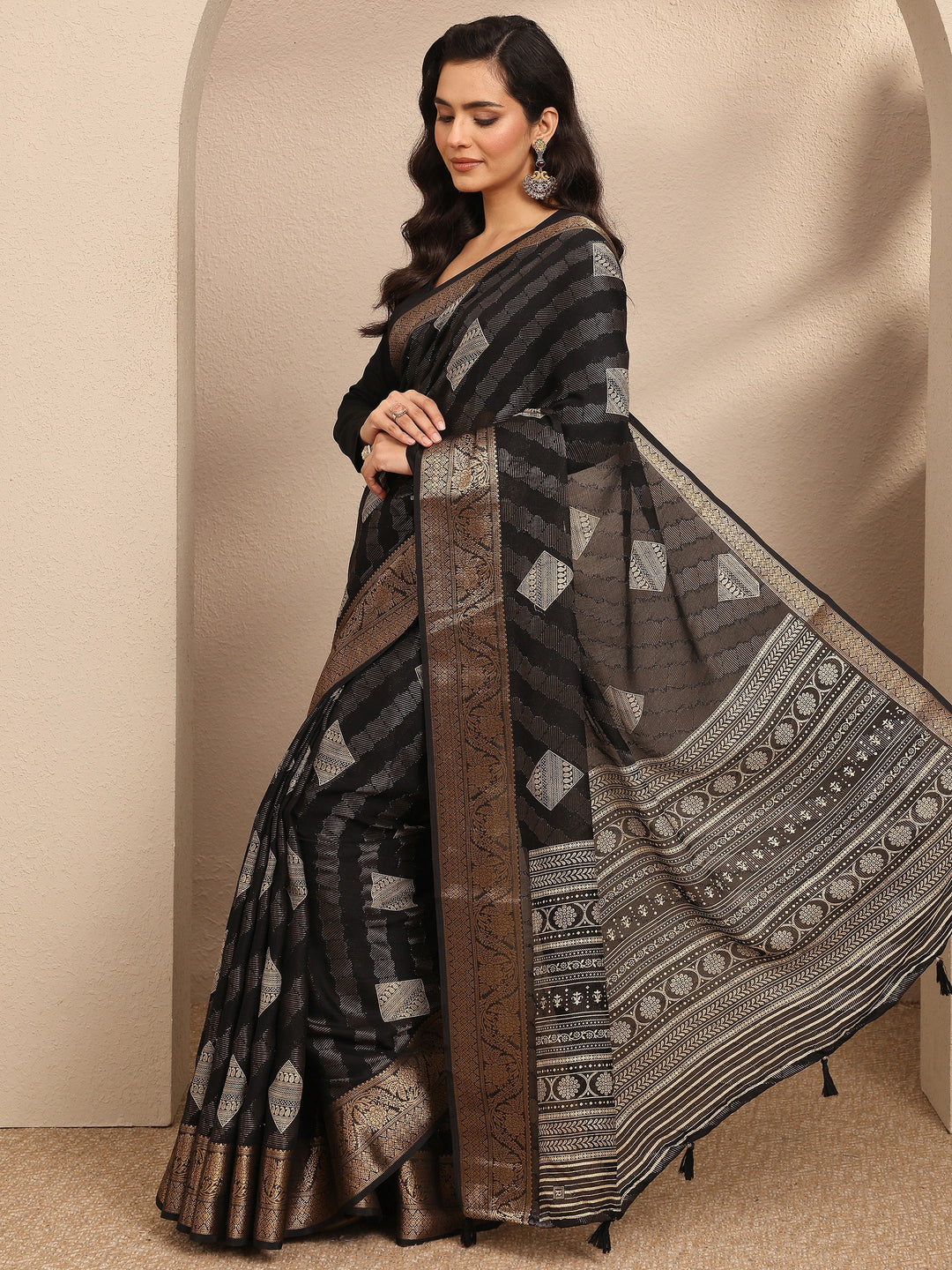  Black Paisley Woven Design Georgette Saree With Unstitched Blouse Piece 