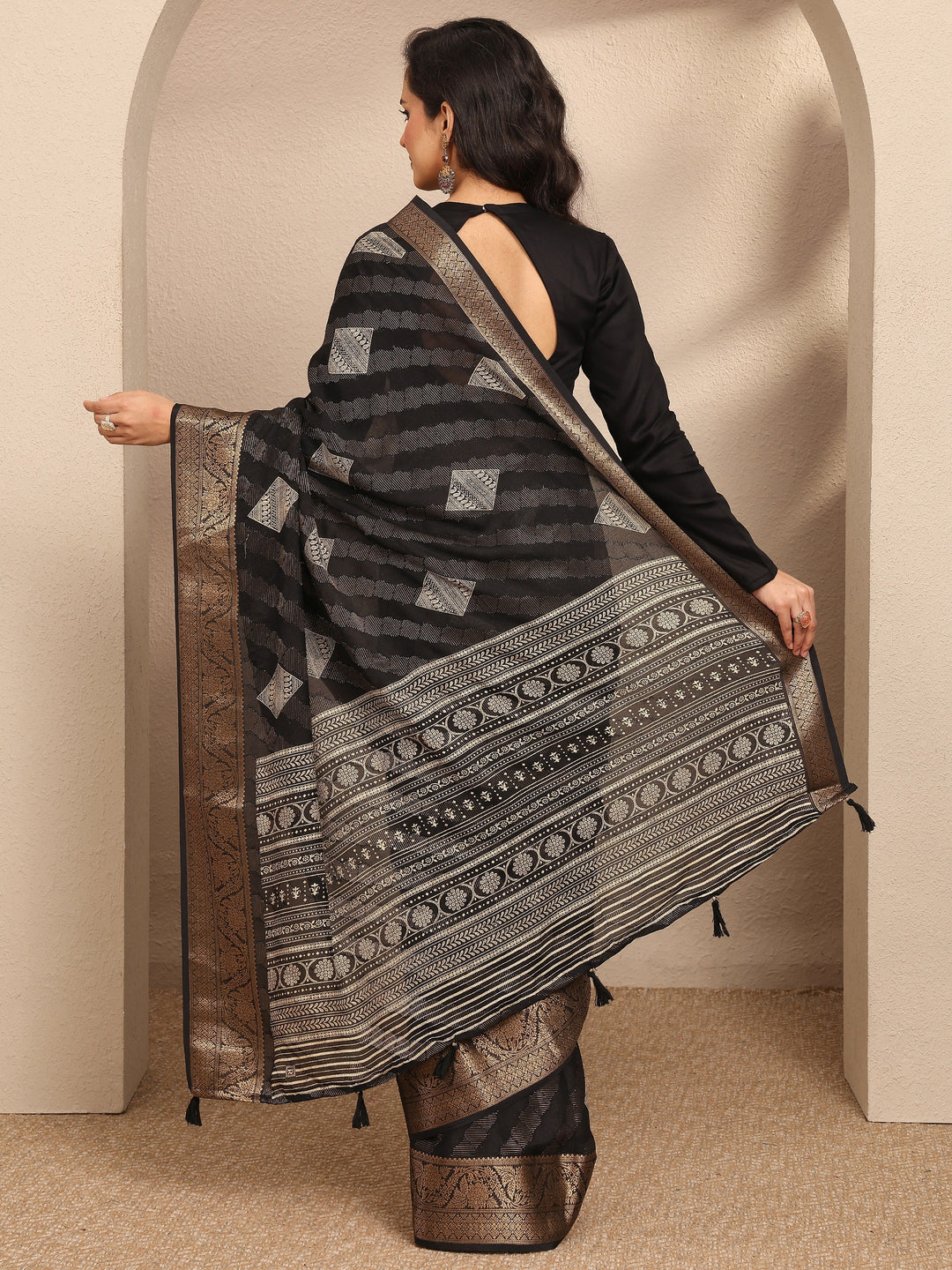  Black Paisley Woven Design Georgette Saree With Unstitched Blouse Piece 