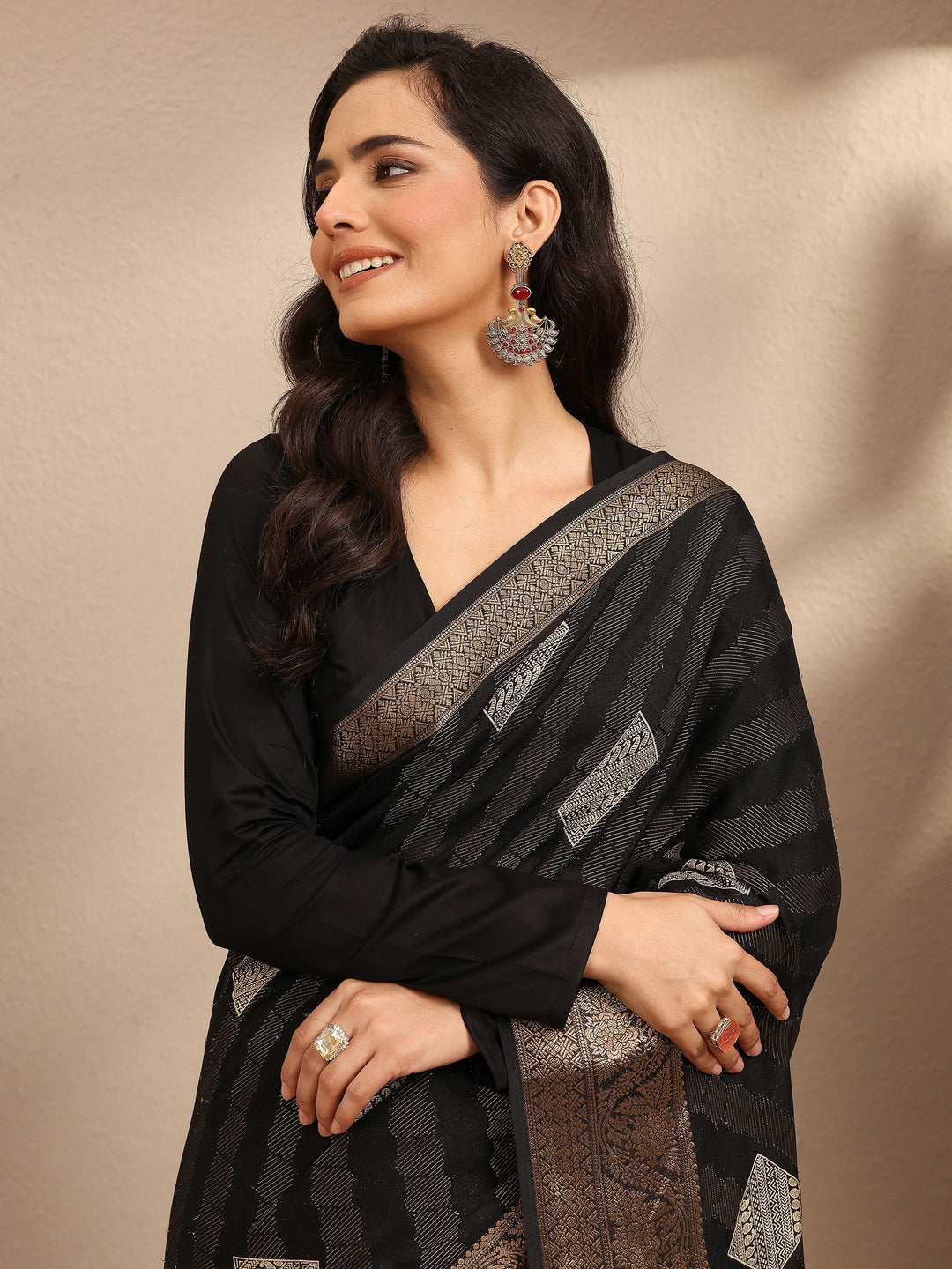  Black Paisley Woven Design Georgette Saree With Unstitched Blouse Piece 