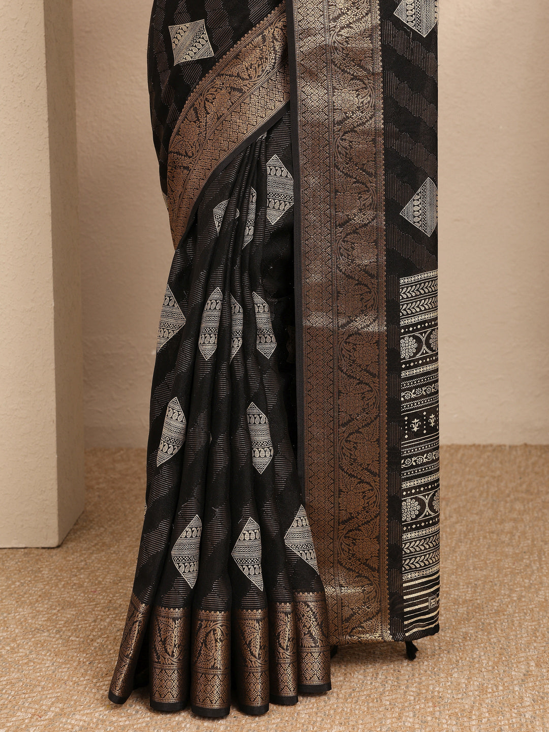  Black Paisley Woven Design Georgette Saree With Unstitched Blouse Piece 