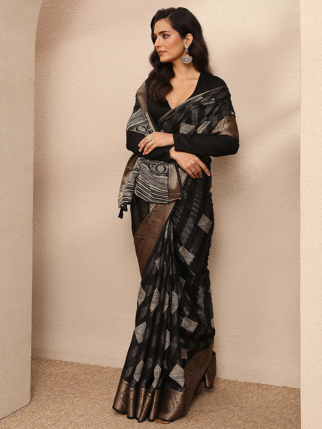  Black Paisley Woven Design Georgette Saree With Unstitched Blouse Piece 