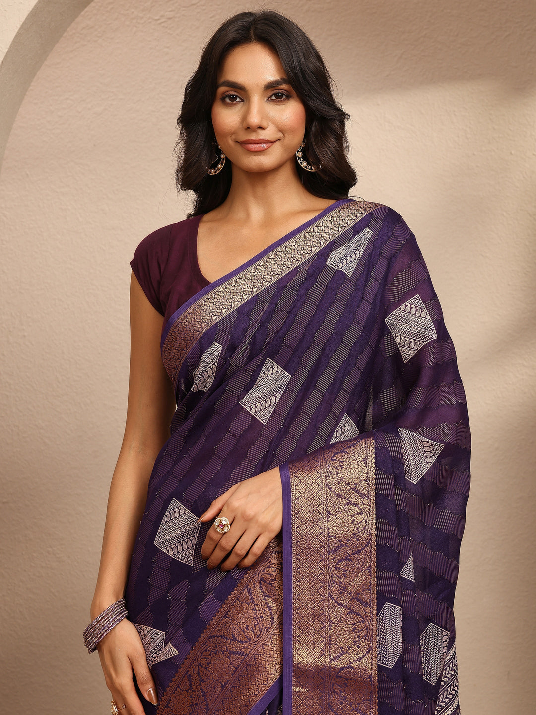  Purple Paisley Woven Design Banarsi Georgette Saree With Unstitched Blouse Piece 